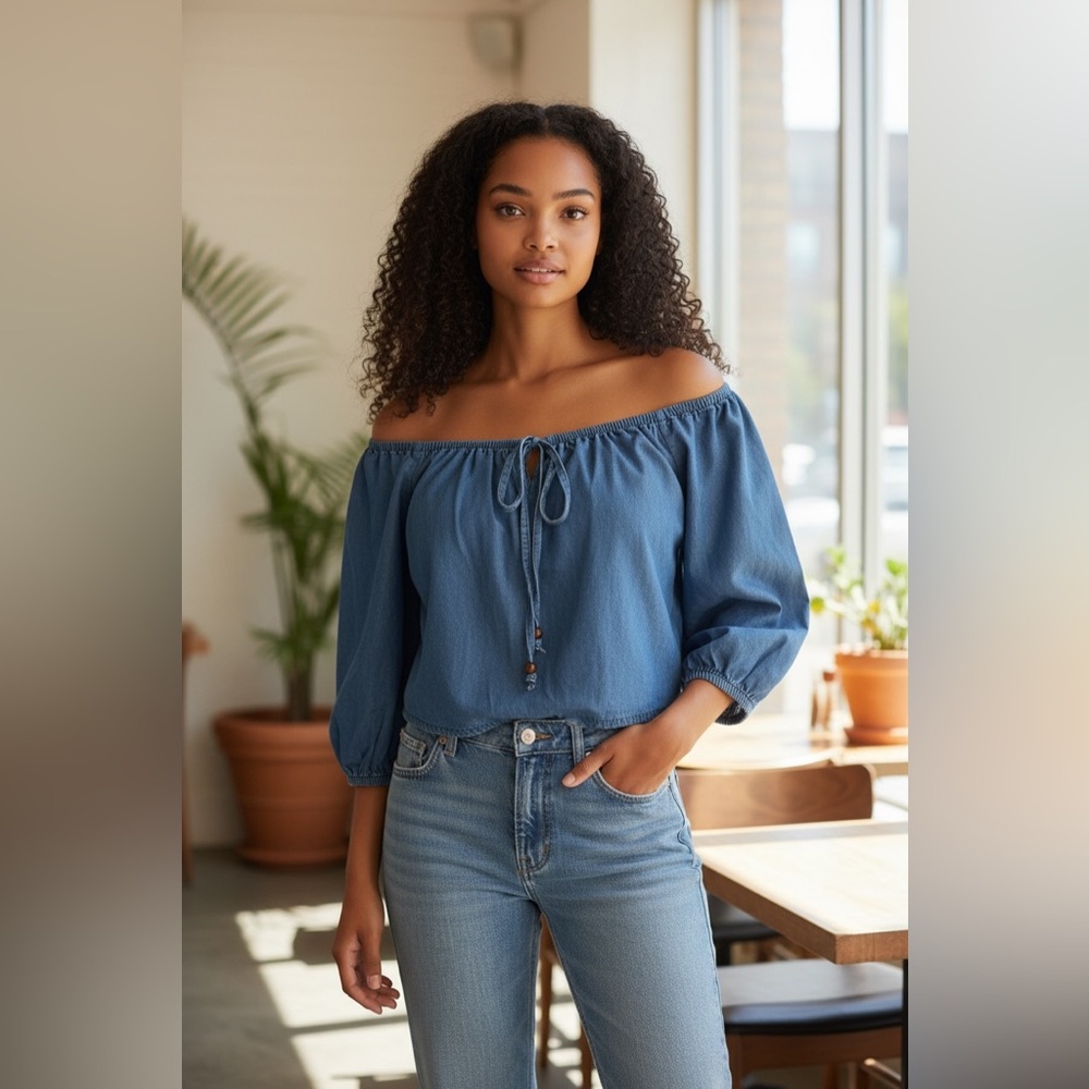 Elegant Denim Off-Shoulder Blouse size Xl